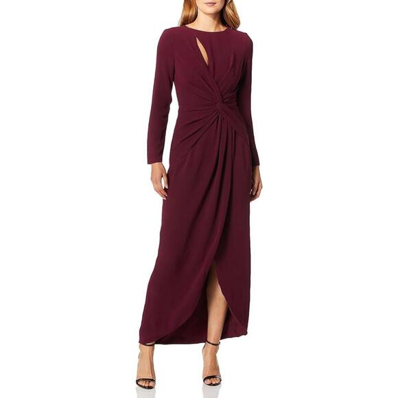 Naomi Cutout Twist Knot Draped Formal Evening maxi burgundy wine Fit Bodice slit - Picture 7 of 8